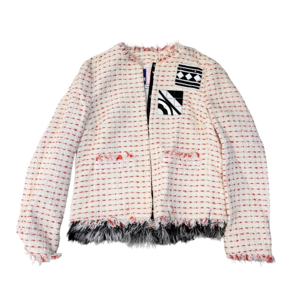 MSGM IT 42 Women Tweed Jacket Faux‎ Fur Trim Patchwork Embellished Cream Red